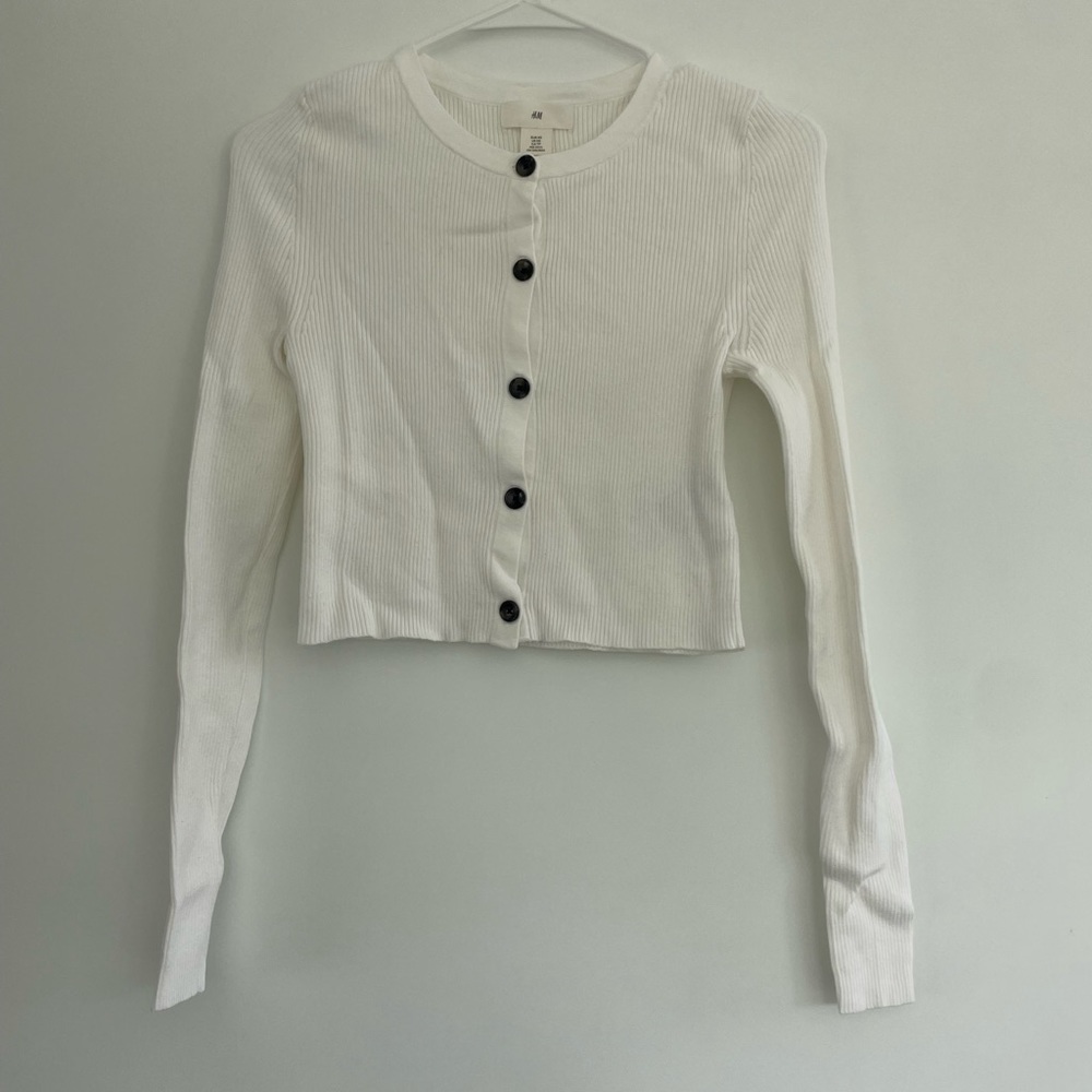 H&M White Long-Sleeve Rib-knit Cardigan with Buttons XS